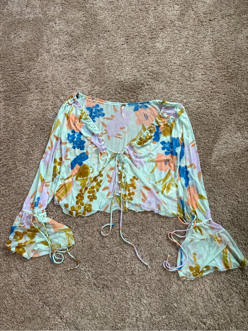 Free People Floral Sheer Blouse Medium Bell Sleeve Tie Front Boho Top